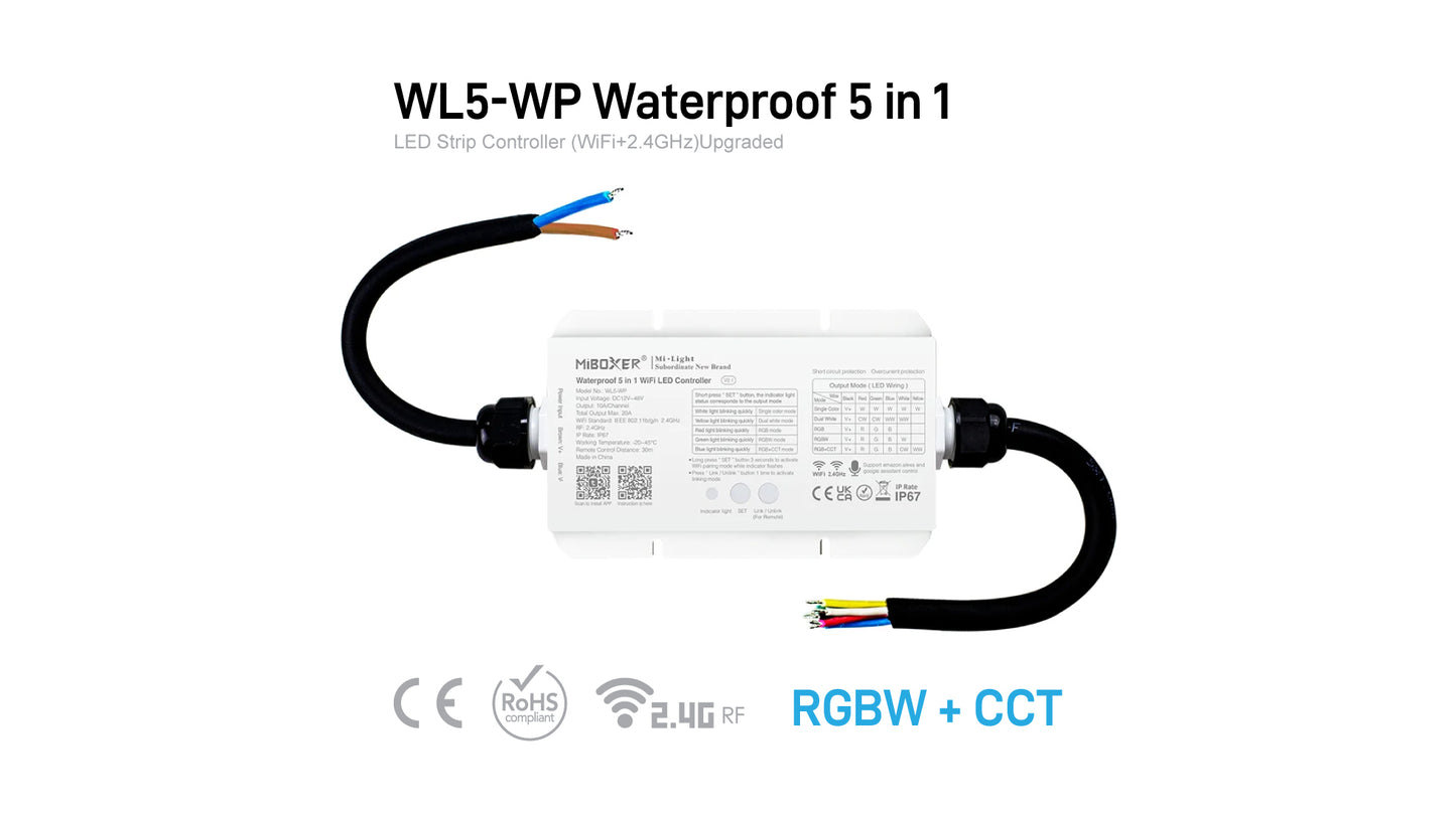 WL5-WP Waterproof 5 in 1 LED Strip Controller (WiFi+2.4GHz)Upgraded