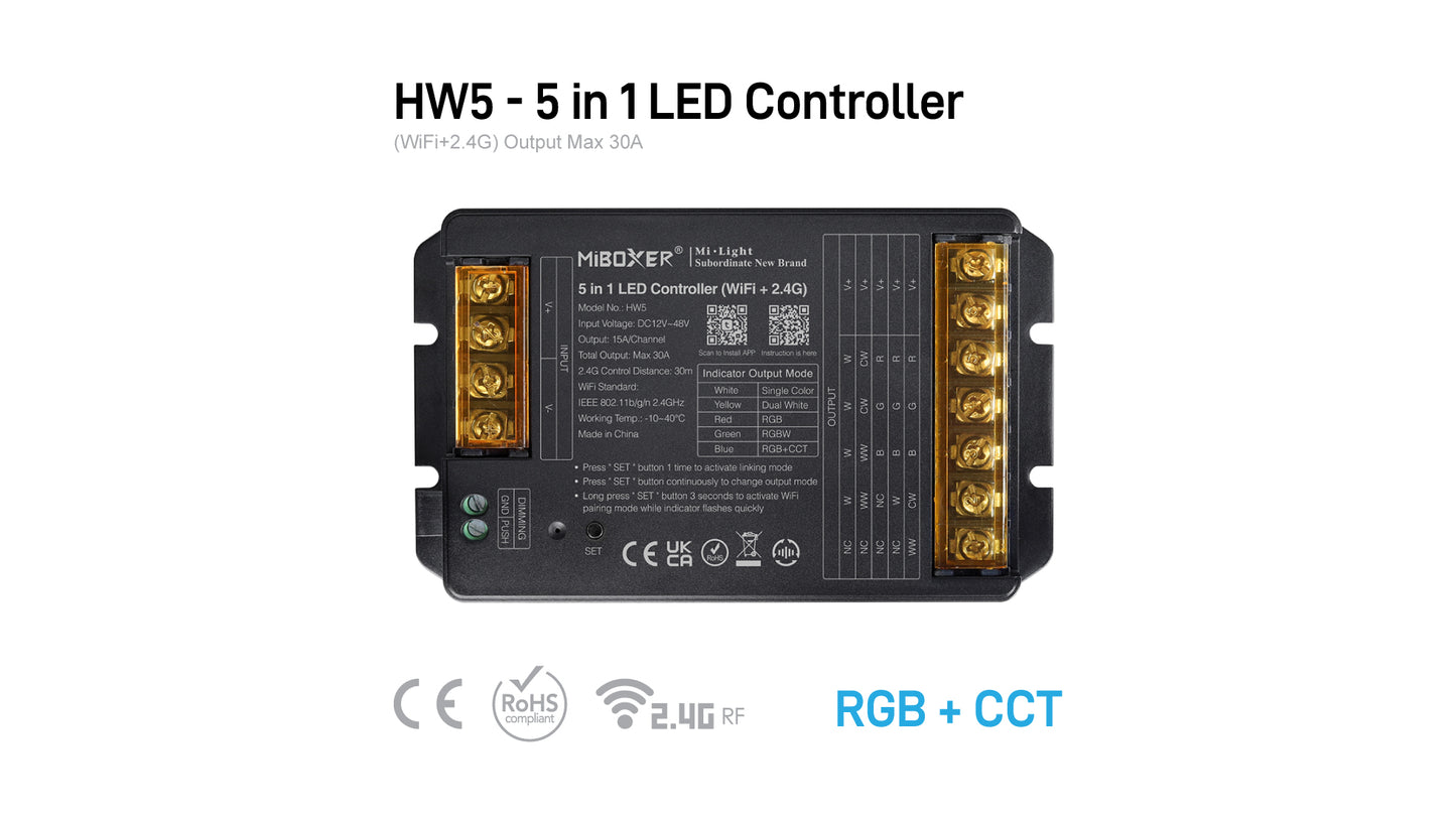 HW5 - 5 in 1 LED Controller (WiFi+2.4G) Output Max 30A