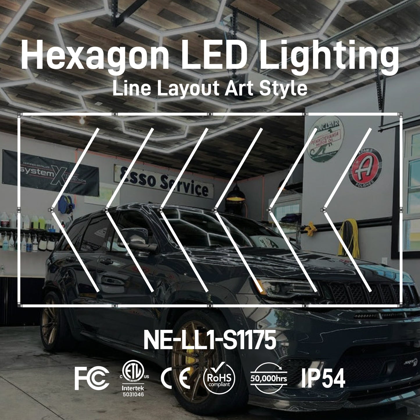 Hexagon LED Lighting Line Layout Art Style NE-LL1-S1175, 480W, 6500K