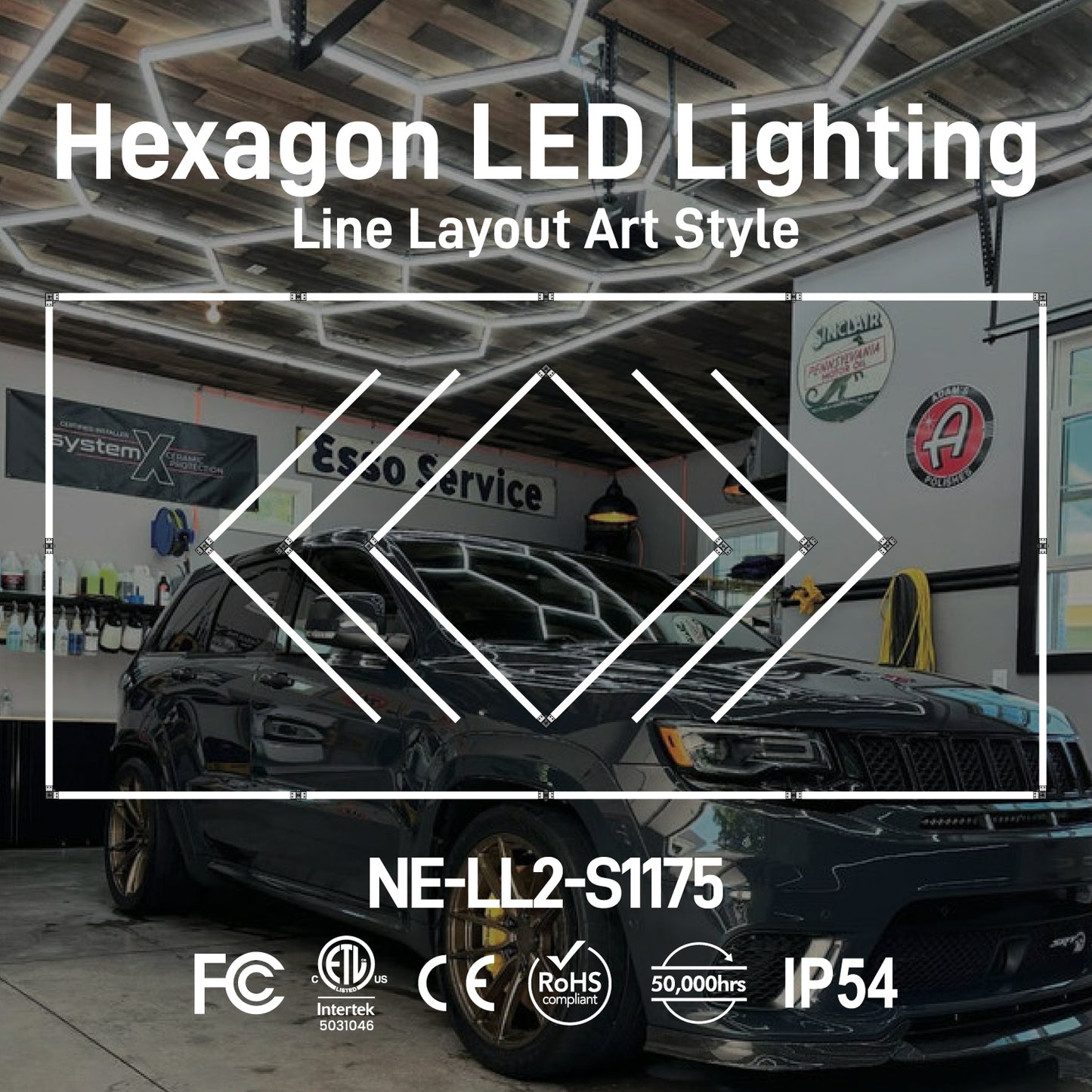 Hexagon LED Lighting Line Layout Art Style NE-LL2-S1175, 480W, 6500K