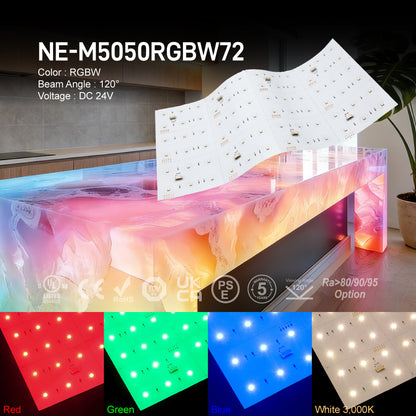 NE-M5050RGBW72, RGBW LED Matrix Light Sheet 24V, Cuttable Flexible Panel for Backlighting & Furniture
