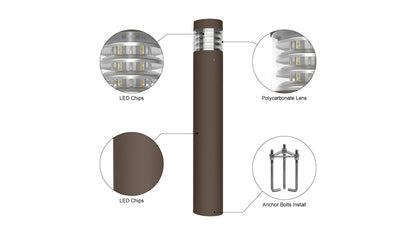 NIES-BD05, Modern Landscape Bollard Light Waterproof Ip65 24W 3CCT Adjustable Outdoor