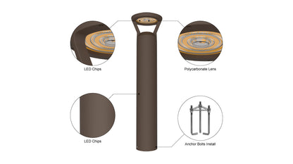 NIES-BD06, Modern Landscape Bollard Light Waterproof Ip65 24W 3CCT Adjustable Outdoor