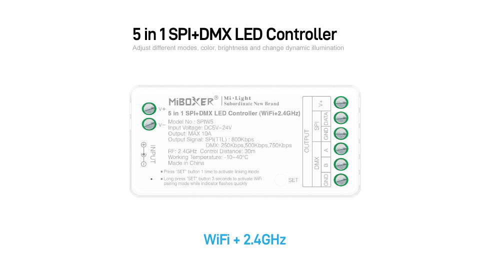 SPIW5, 5 in 1 SPI+DMX LED Controller (WiFi+2.4G)