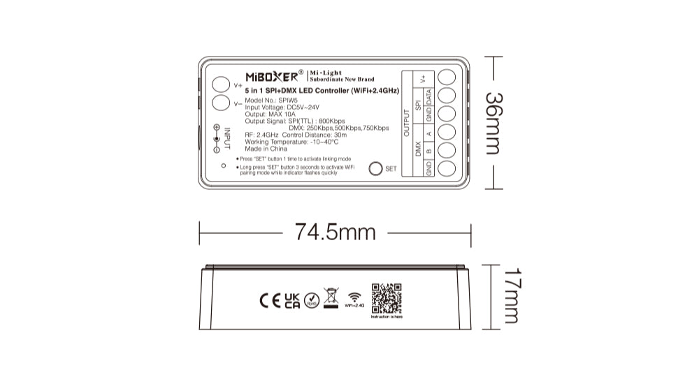 SPIW5, 5 in 1 SPI+DMX LED Controller (WiFi+2.4G)